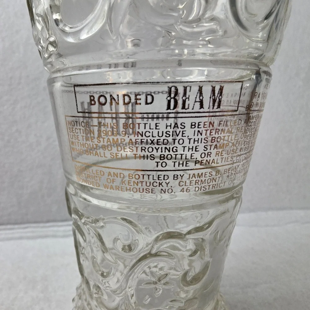 Vintage Jim Beam Bonded Beam Embossed Glass Liquor Pour Bottle w/ Metal Spout